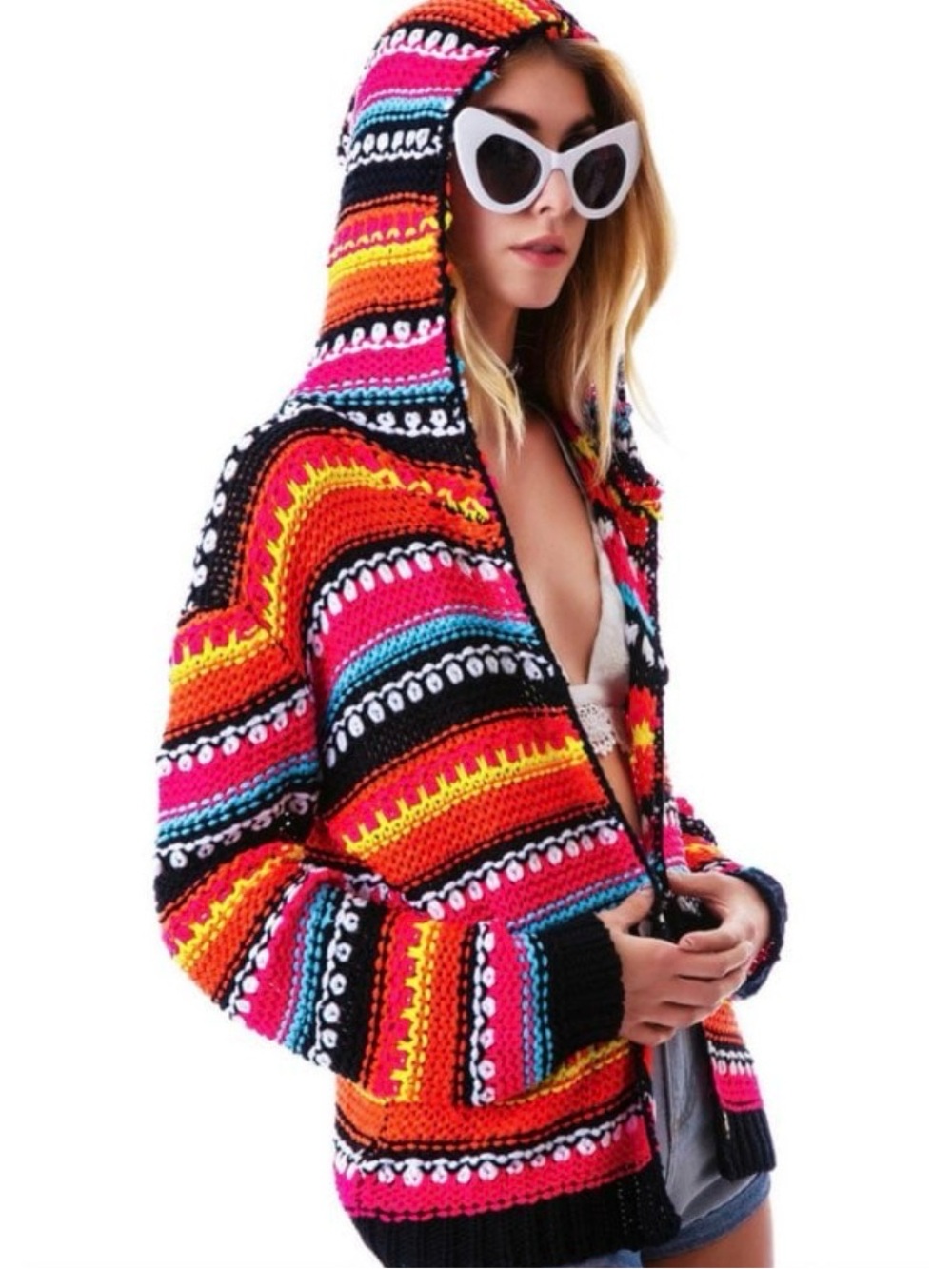 UNIF Striped Hooded Knit Cardigan in Black, Pink, Orange & Turquoise